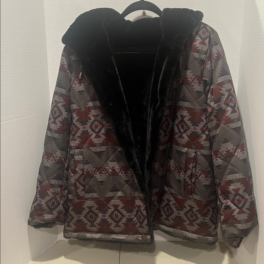 Pendleton Ladies’ Hooded Reversible Faux Fur/Native-Inspired Aztec Jacket - Picture 2 of 14